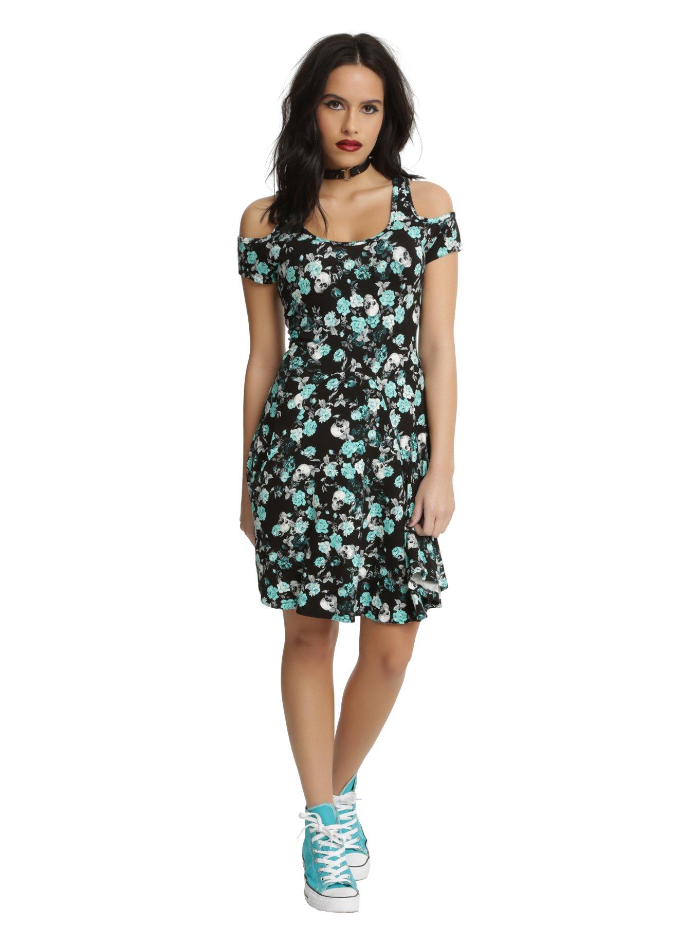 Black & Mint Floral Skull Cold Shoulder Dress, , alternate