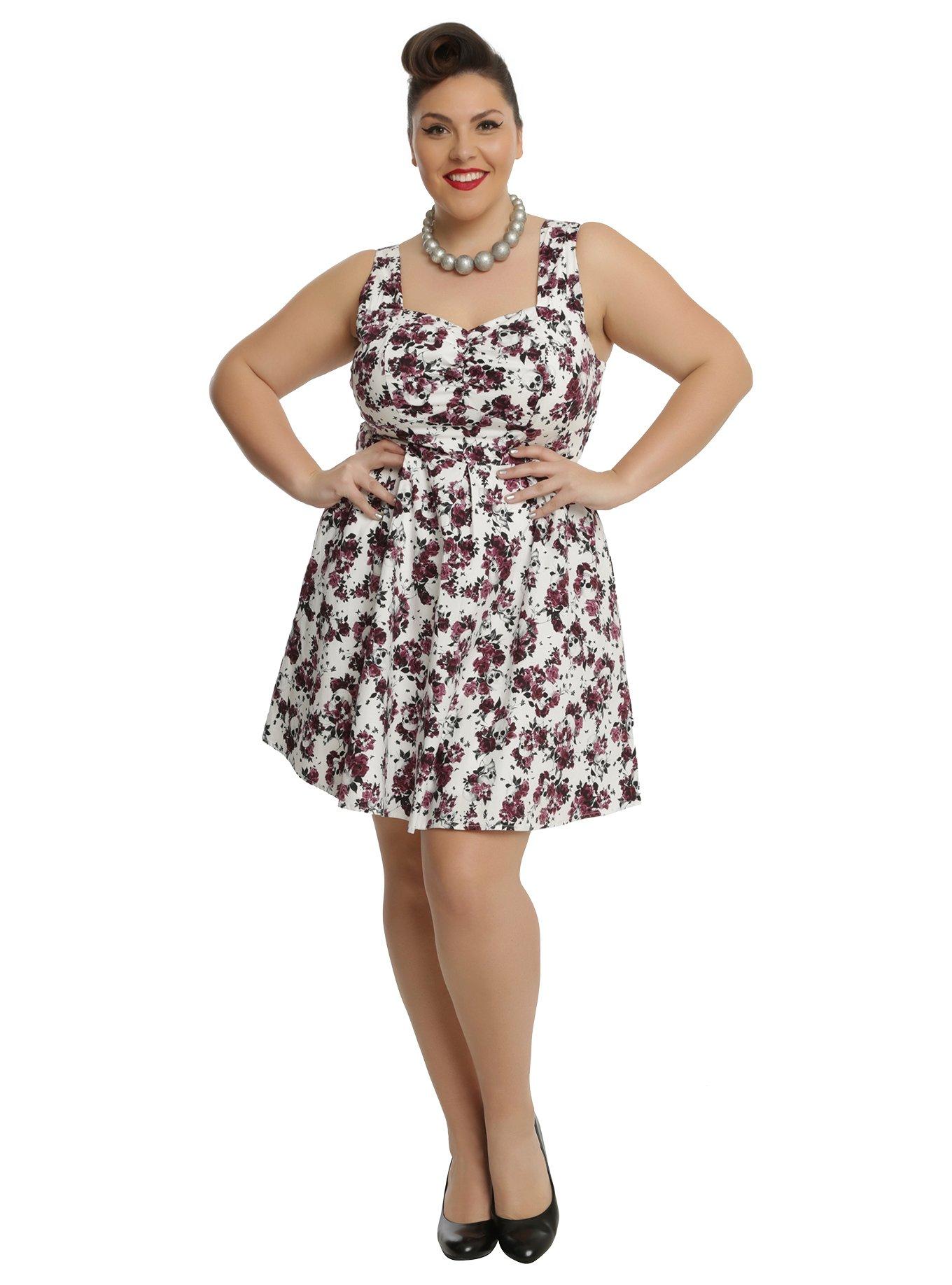 White Skull & Floral Print Fit & Flare Dress Plus Size, , alternate