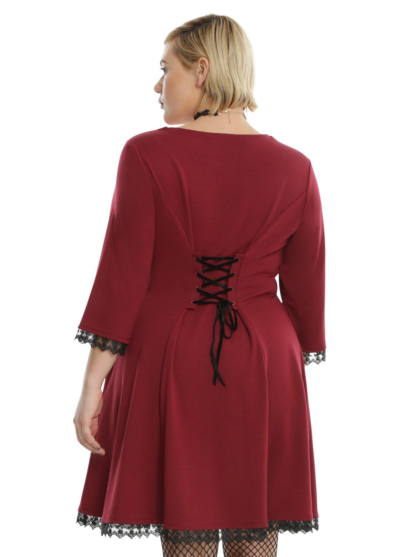 Burgundy Lace-Up Trim Dress Plus Size, , alternate