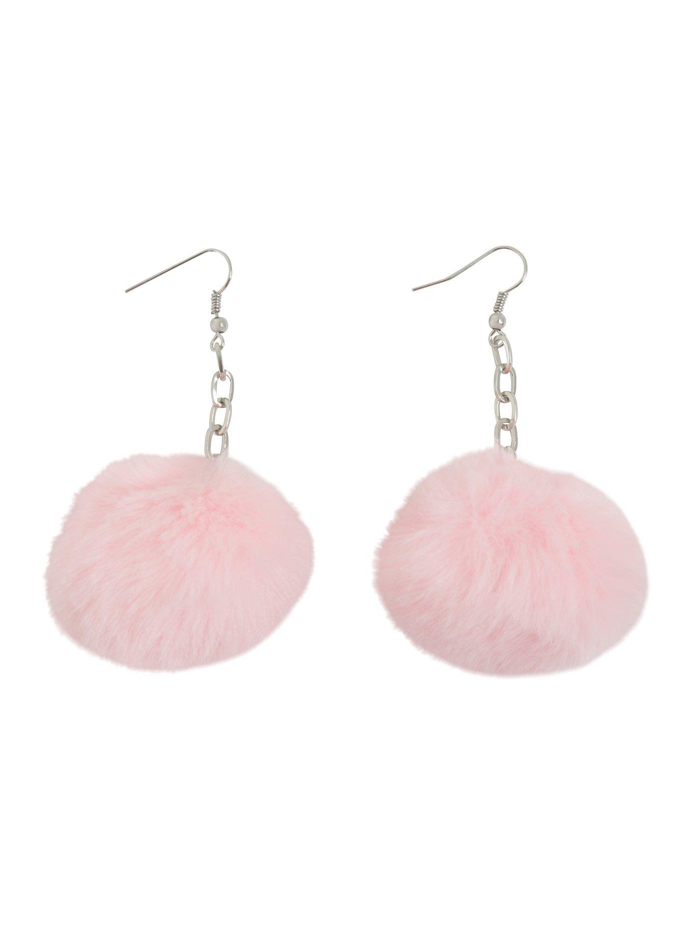 Pastel Pink Puff Ball Earrings, , alternate