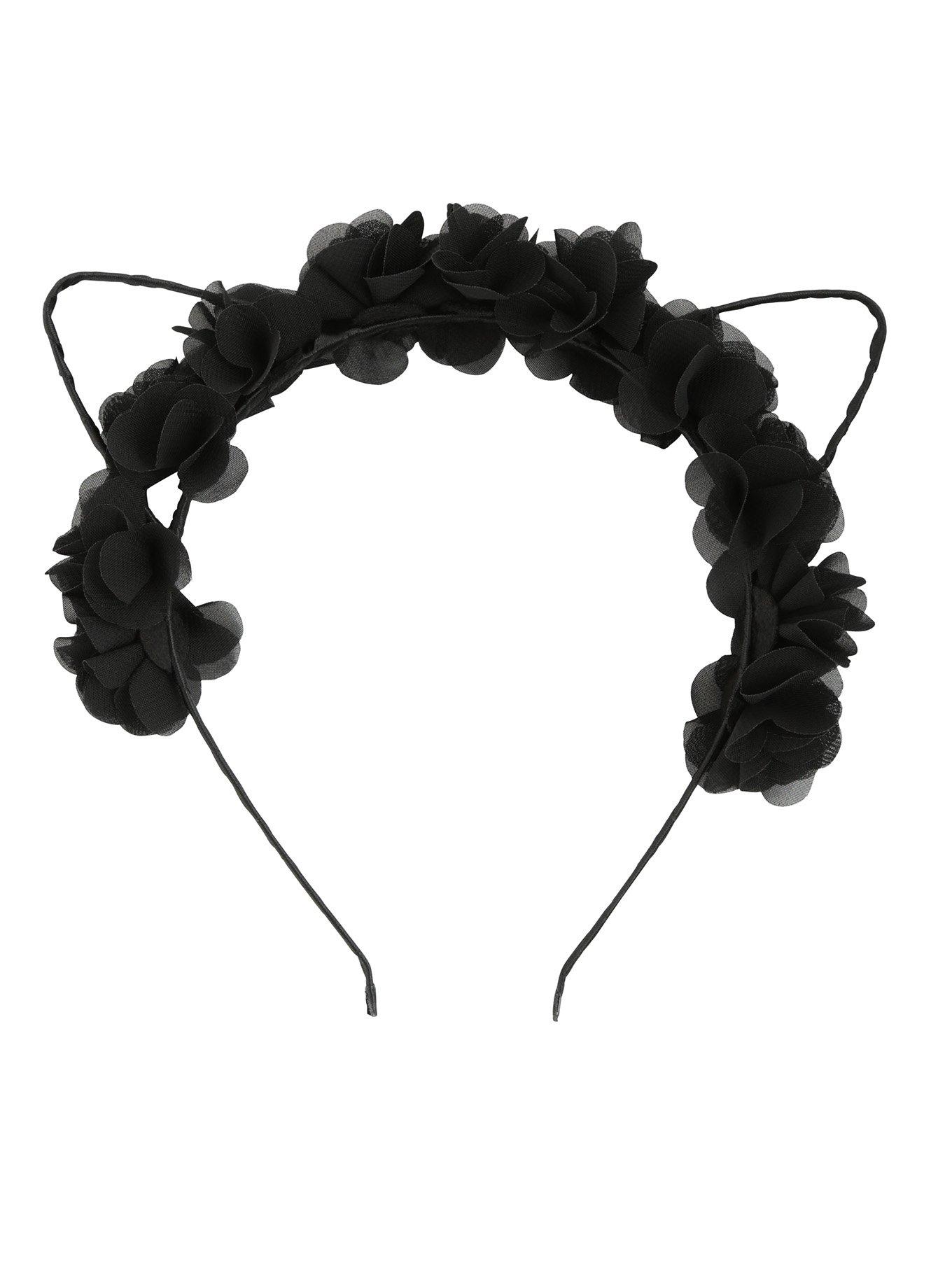 Black Floral Crown Cat Ear Headband, , alternate
