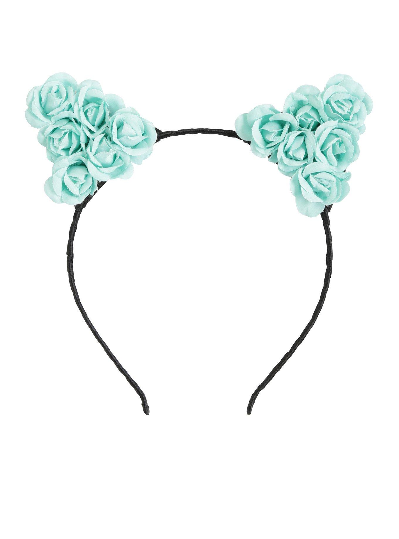 Teal Floral Cat Ear Headband, , alternate