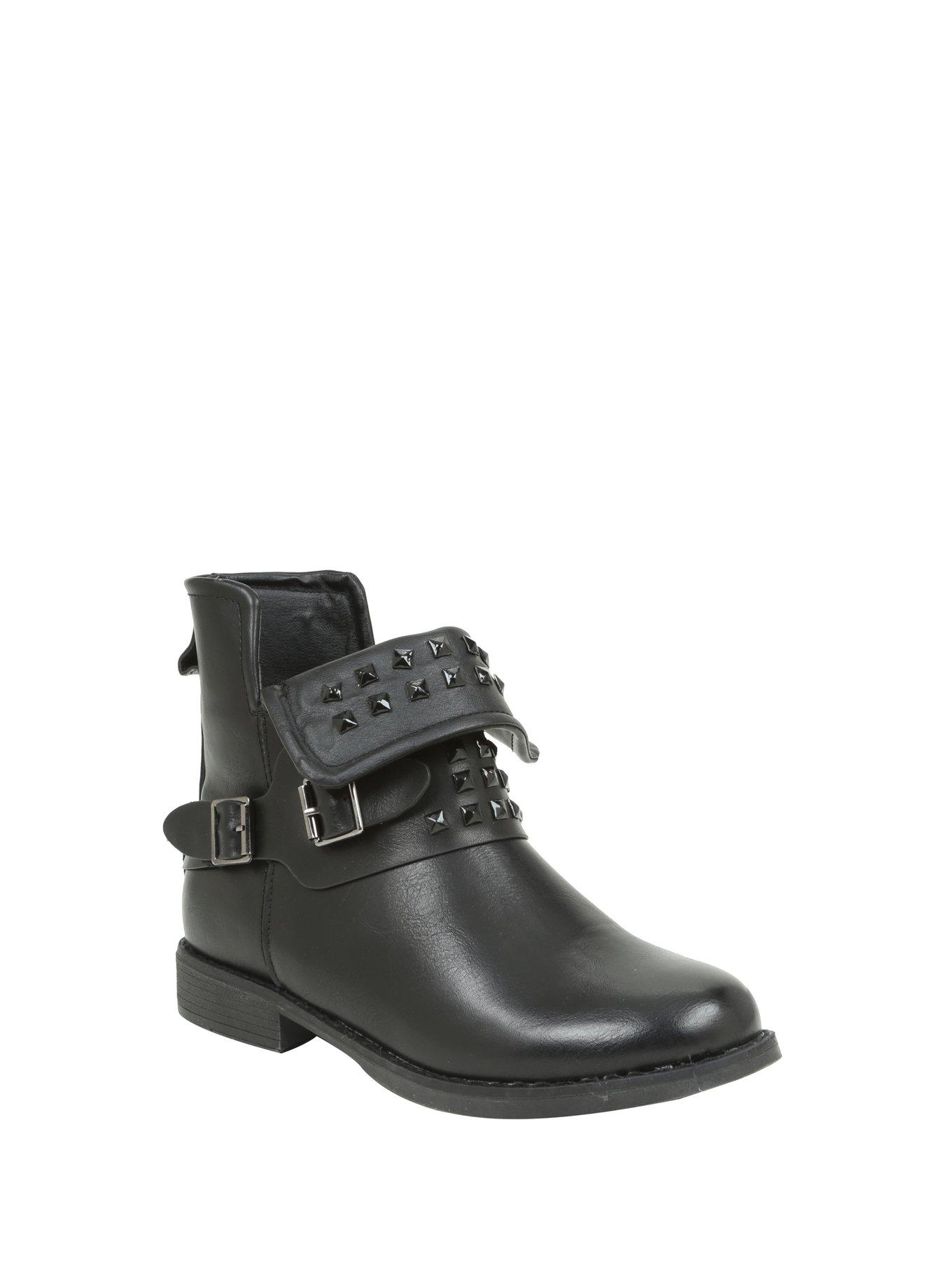 Black Buckle Studded Fold-Over Boots | Hot Topic