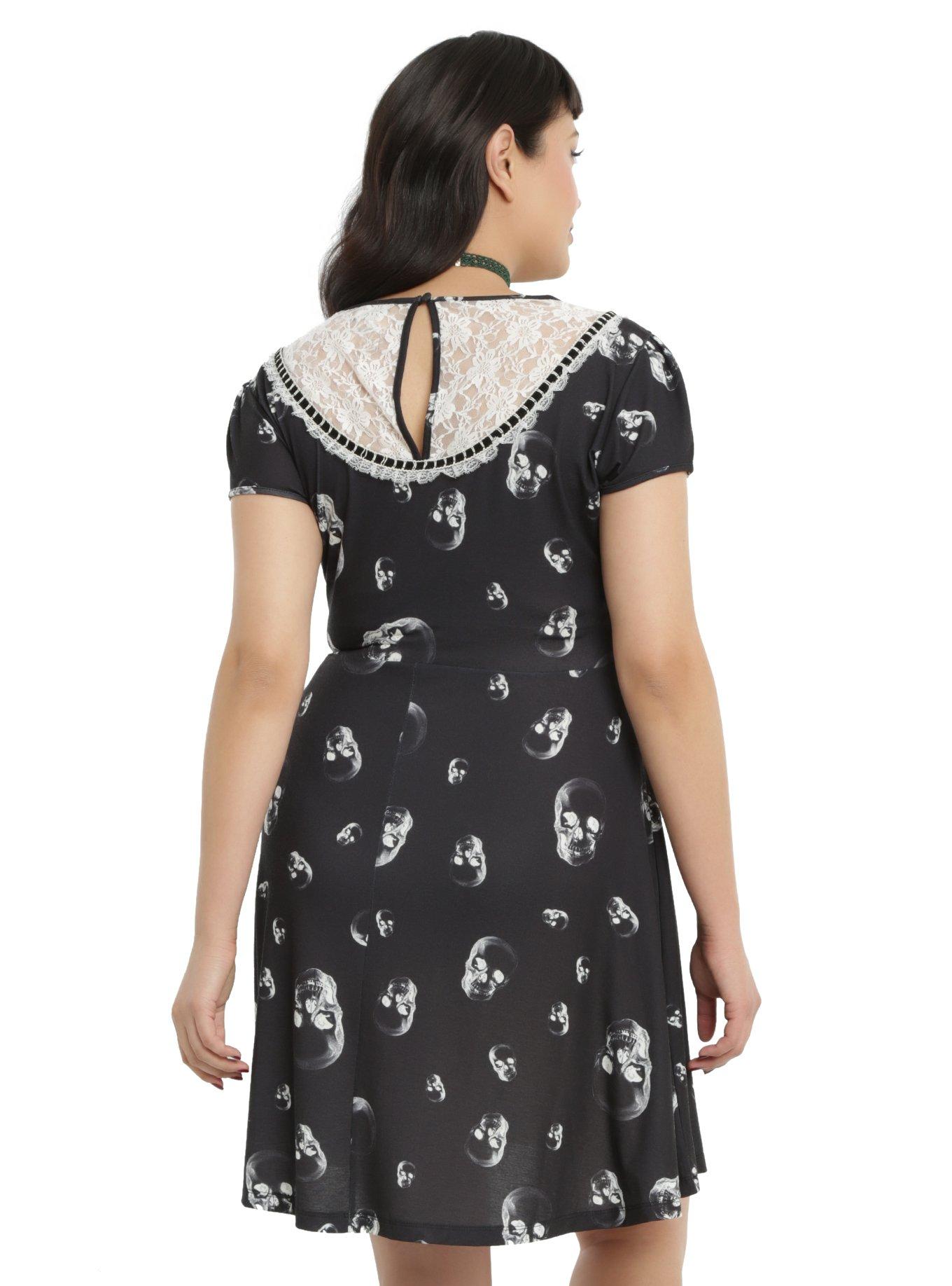 Black & White Skull Print Lace Bib Skater Dress Plus Size, , alternate