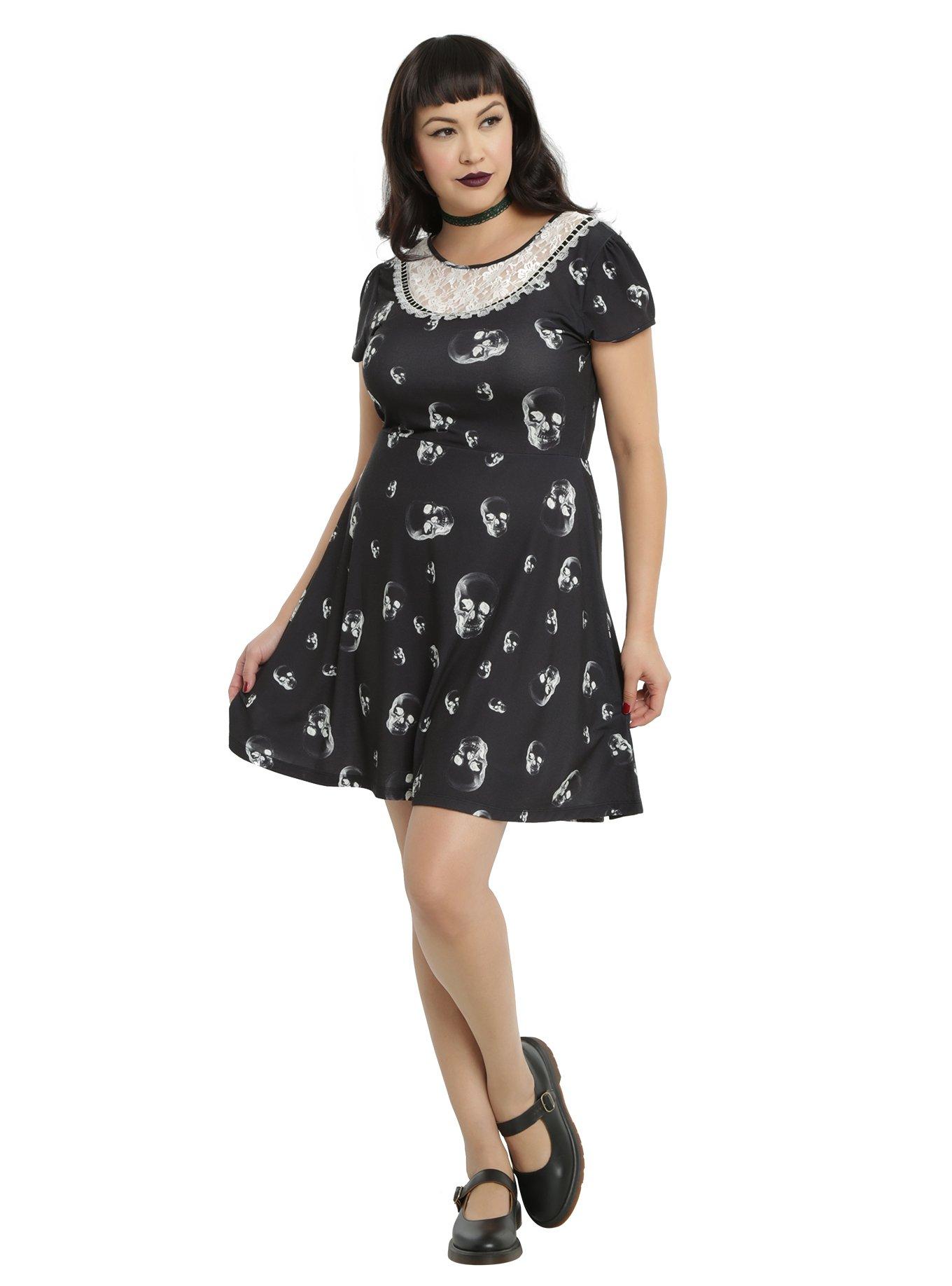 Black & White Skull Print Lace Bib Skater Dress Plus Size, , alternate