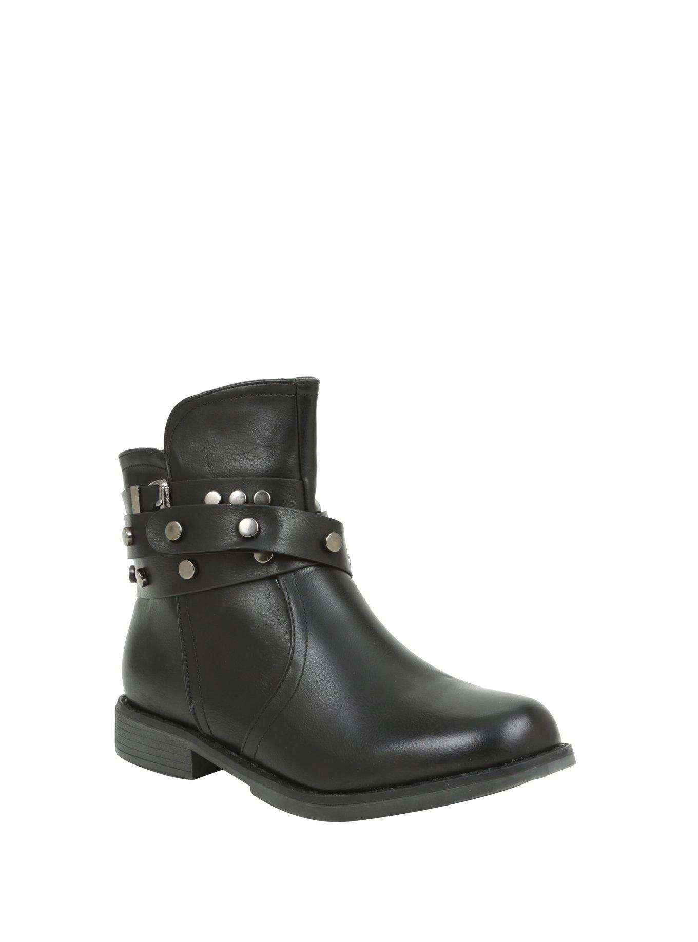 Black Studded Buckle Ankle Boots, , alternate