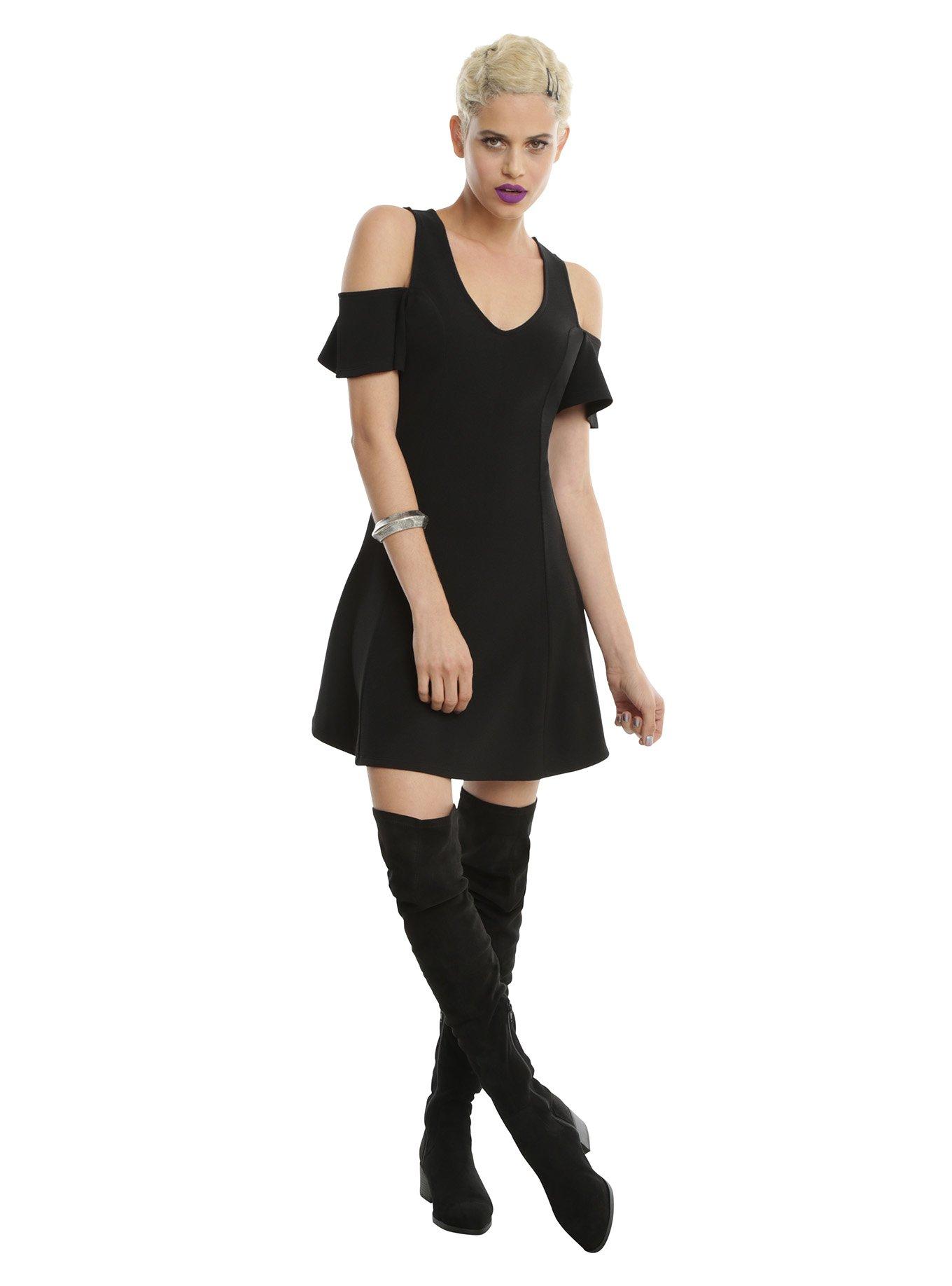 Almost Famous Black Cold Shoulder Ruffle Sleeve Dress, , alternate