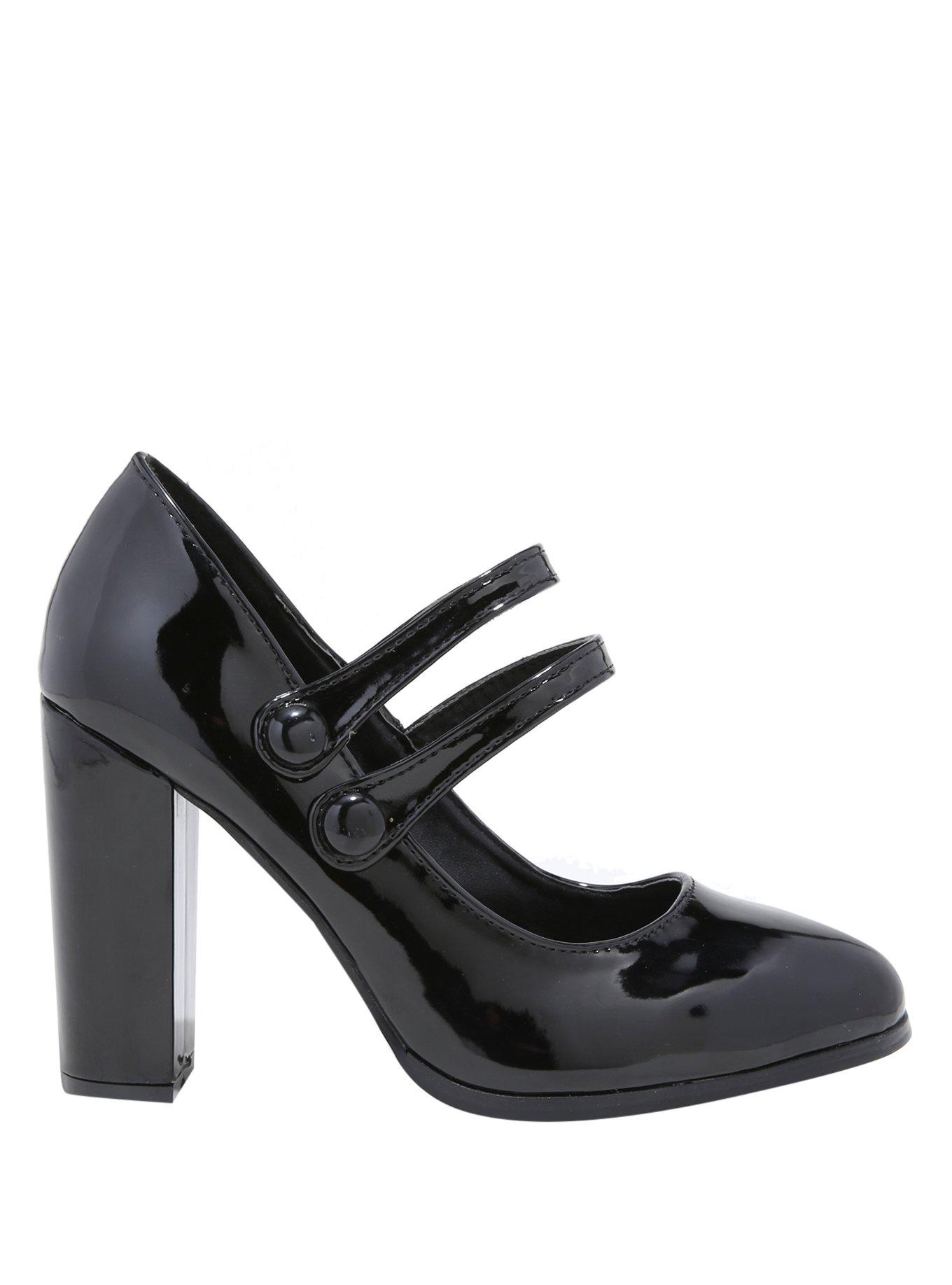 Black Round Toe Patent Leather Double Strap Mary Jane Heels, , alternate