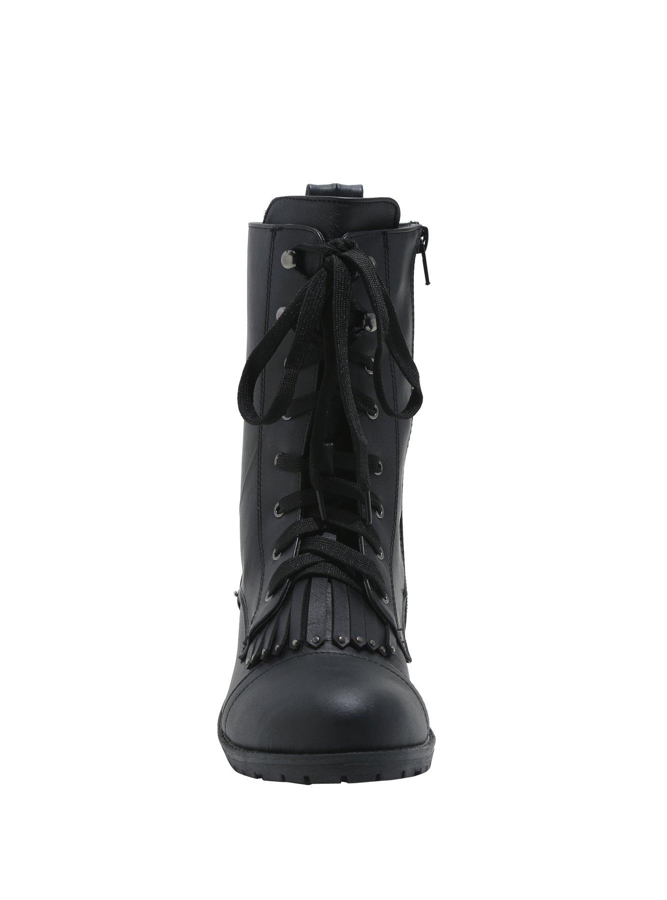 Black Peek-A-Boo Fringe Lace-Up Combat Boots, , alternate