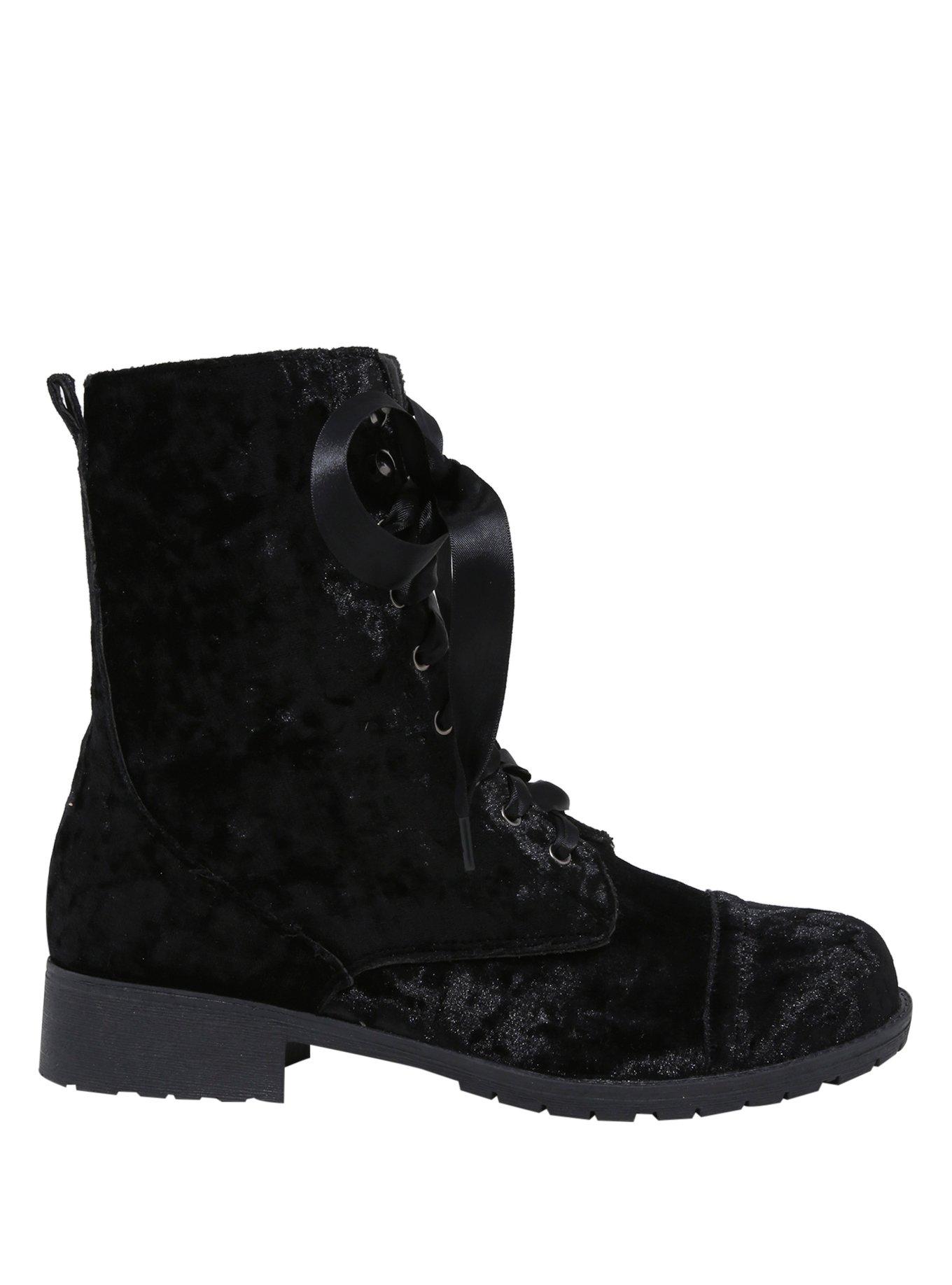 Black Crushed Velvet Combat Boots, , alternate