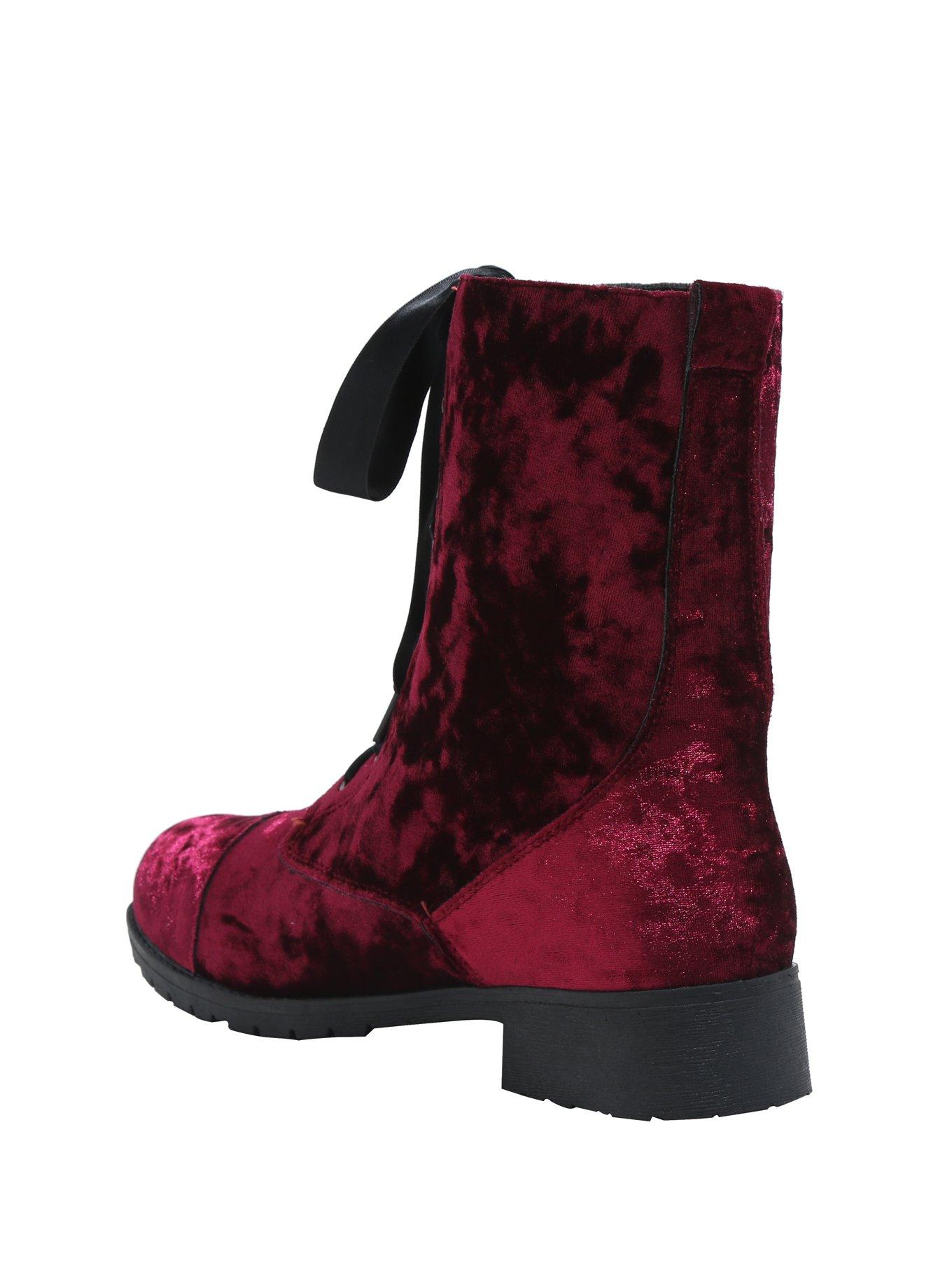 Burgundy Velvet Combat Boots, , alternate