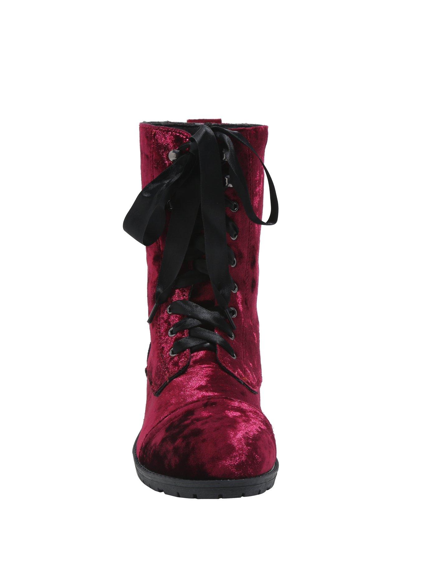 Burgundy Velvet Combat Boots, , alternate