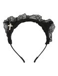 Black Lace & Silver Cross Cat Ear Headband, , alternate