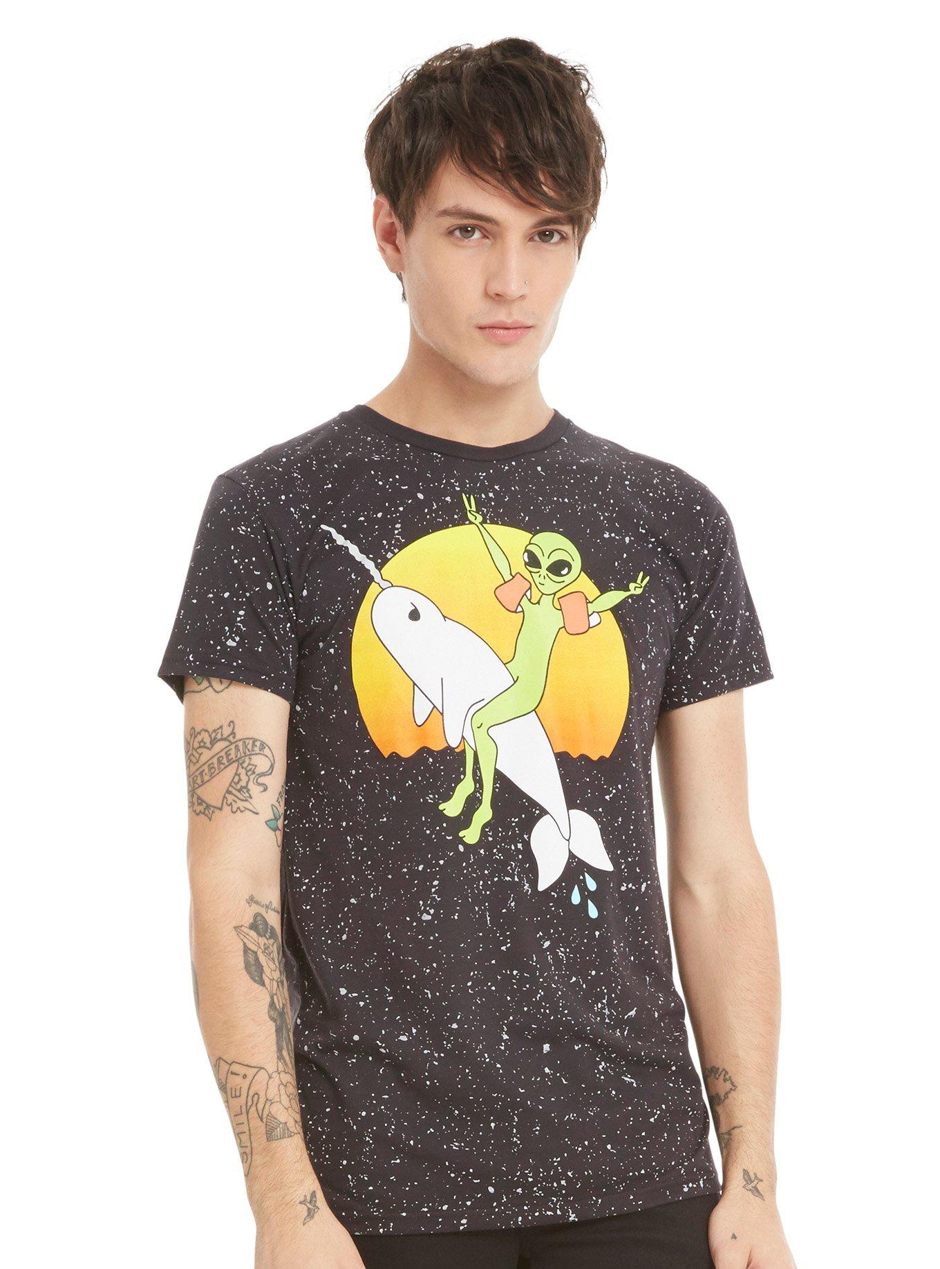 Alien Riding Narwhal T-Shirt, , alternate