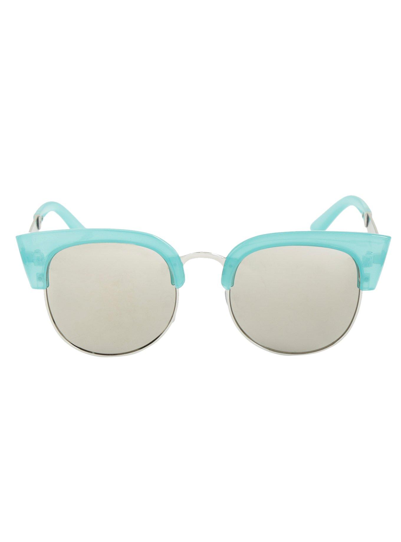 Teal Frame Mirror Lens Half-Rim Sunglasses, , alternate