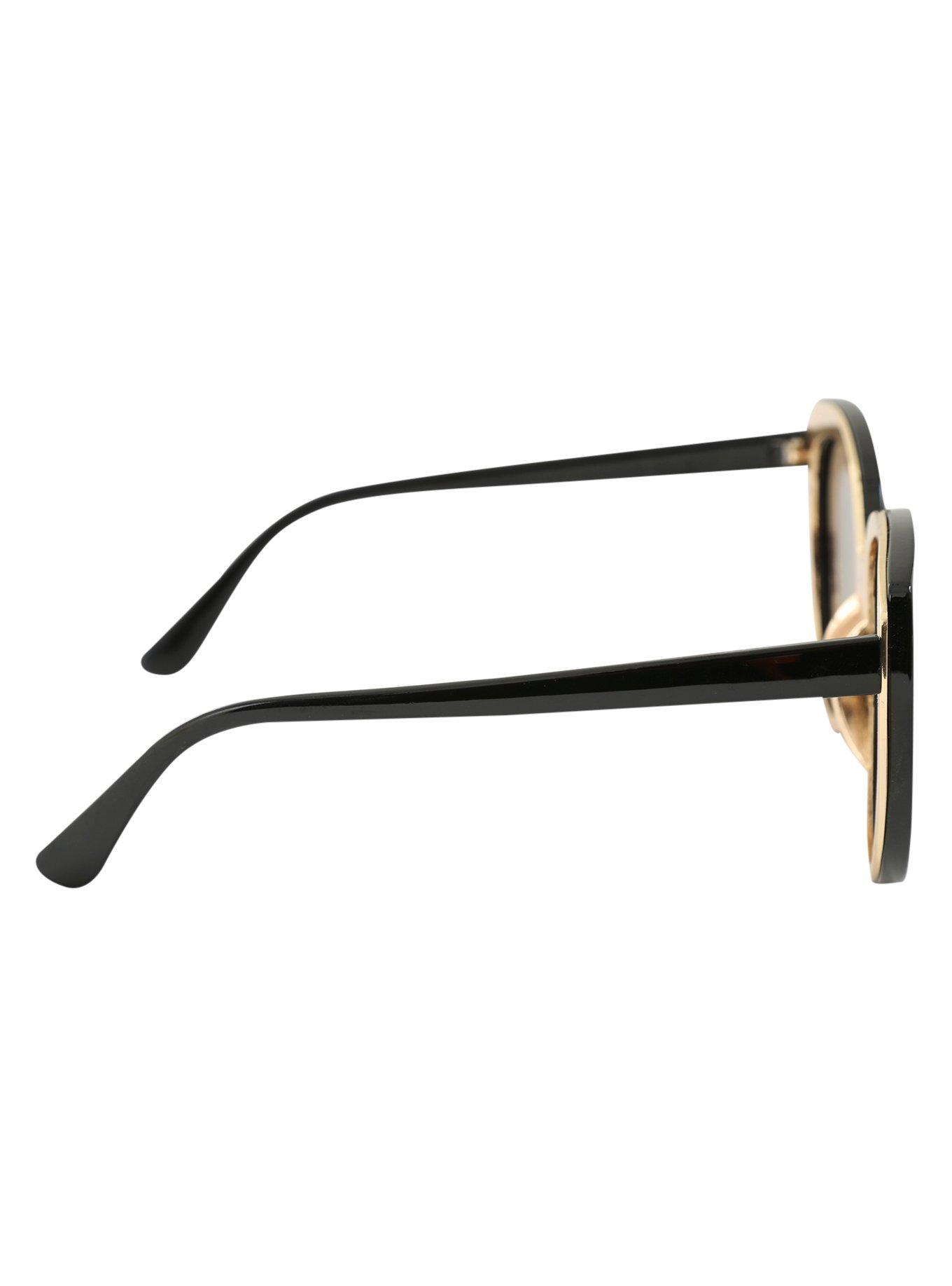 Black Plastic Gold Accented Purple Mirror Round Cat Eye Sunglasses, , alternate