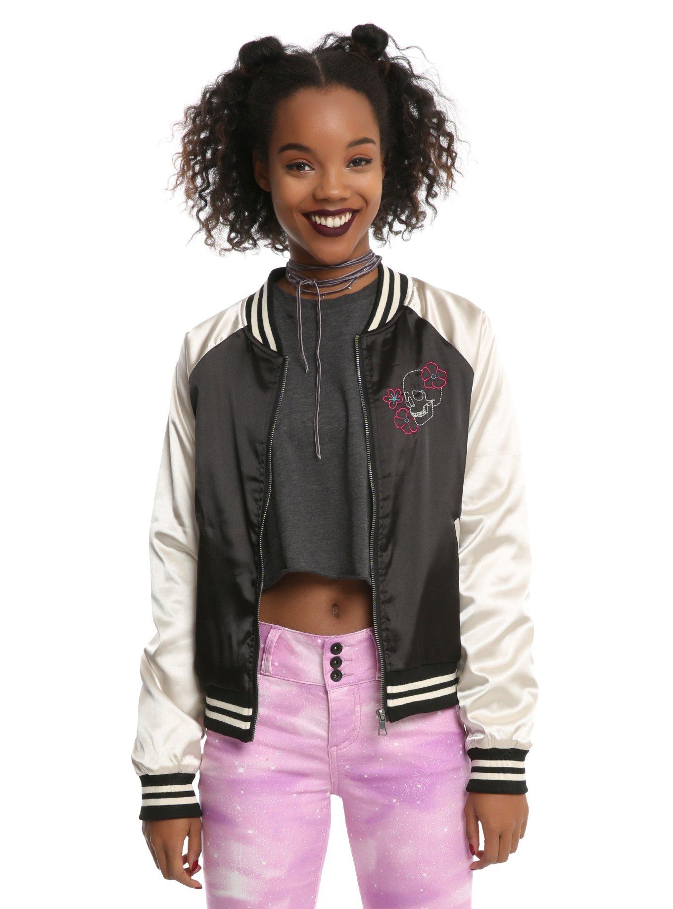 Black & Champagne Embroidered Koi Girls Satin  Souvenir Jacket, , alternate