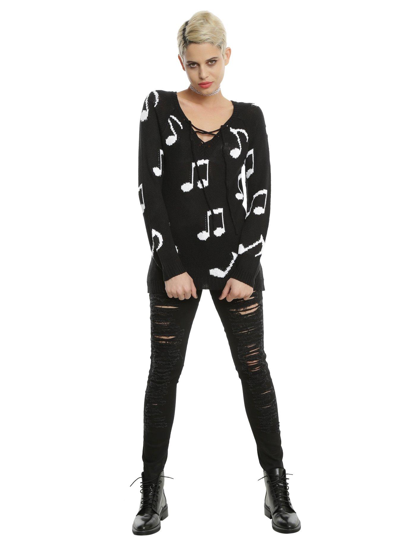 Black & White Music Note Lace-Up Girls Sweater, , alternate