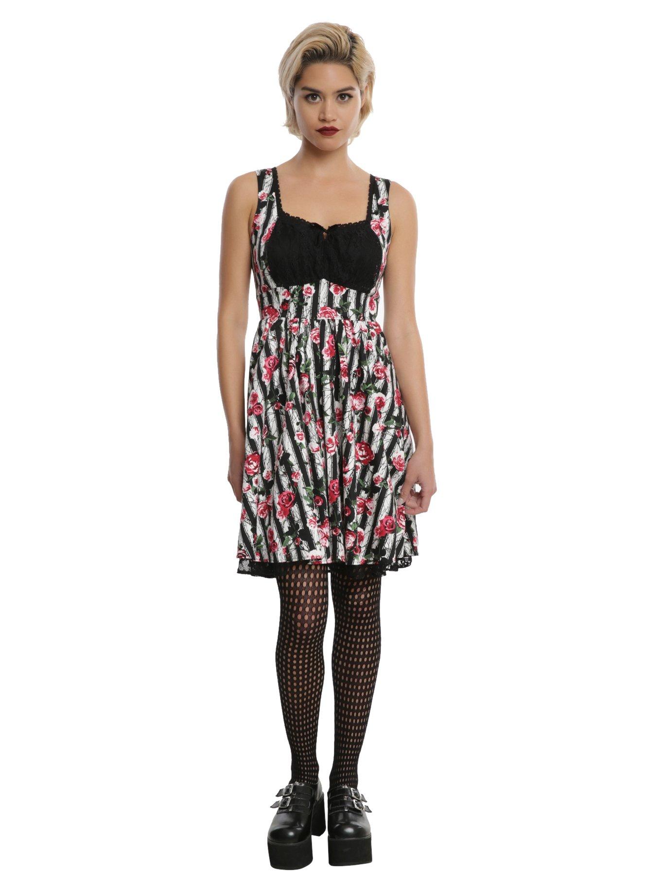 Black & White Stripe Floral Fit & Flare Dress, , alternate