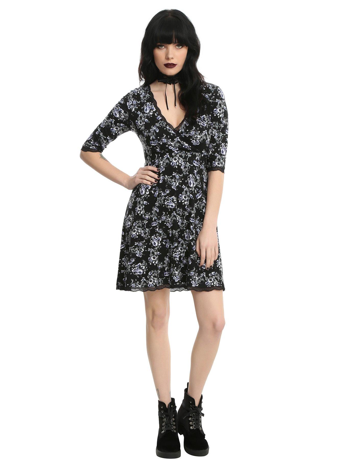 Black Floral Faux Wrap Dress, , alternate