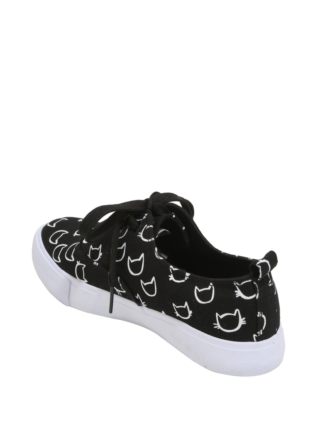 Cat Head Print Lace-Up Sneakers, BLACK, alternate