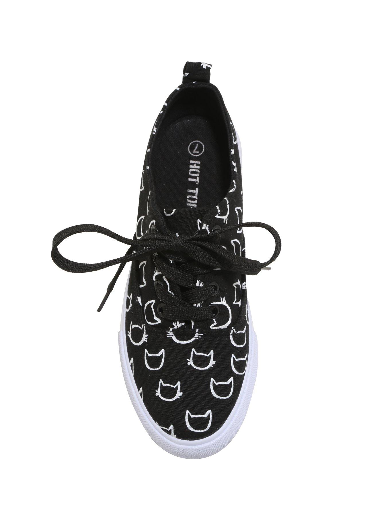 Cat Head Print Lace-Up Sneakers, BLACK, alternate