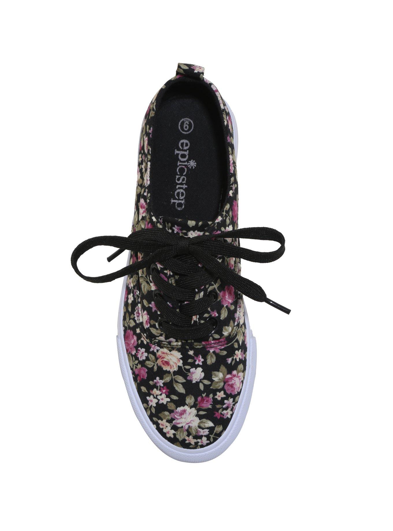 Black Floral Lace-Up Sneakers, , alternate