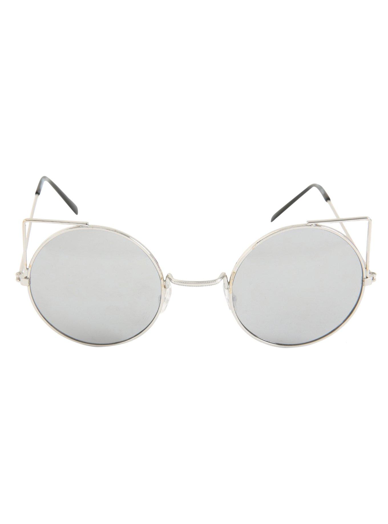 Silver Mirror Cut-Out Round Cat Sunglasses, , alternate