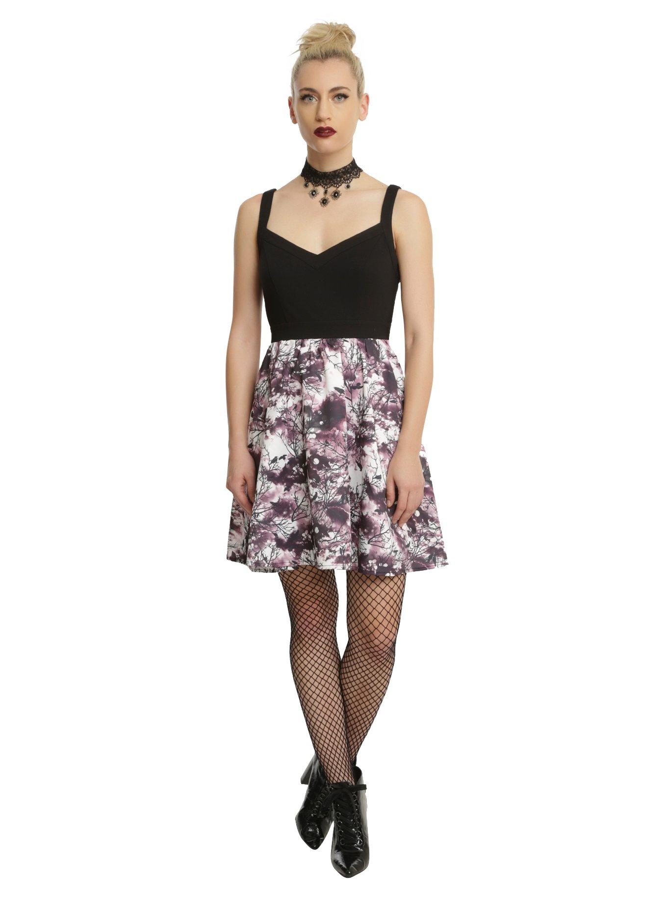 Black & Purple Raven & Branch Print Dress, , alternate