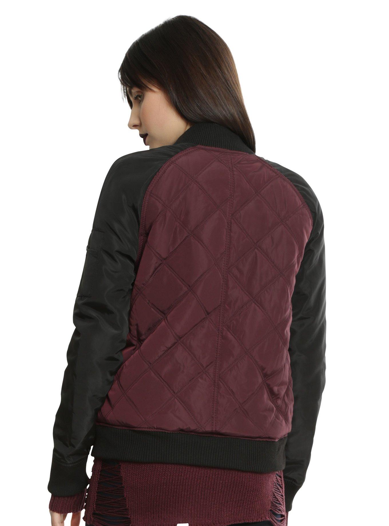 Burgundy & Black Quilted Girls Bomber Jacket, , alternate