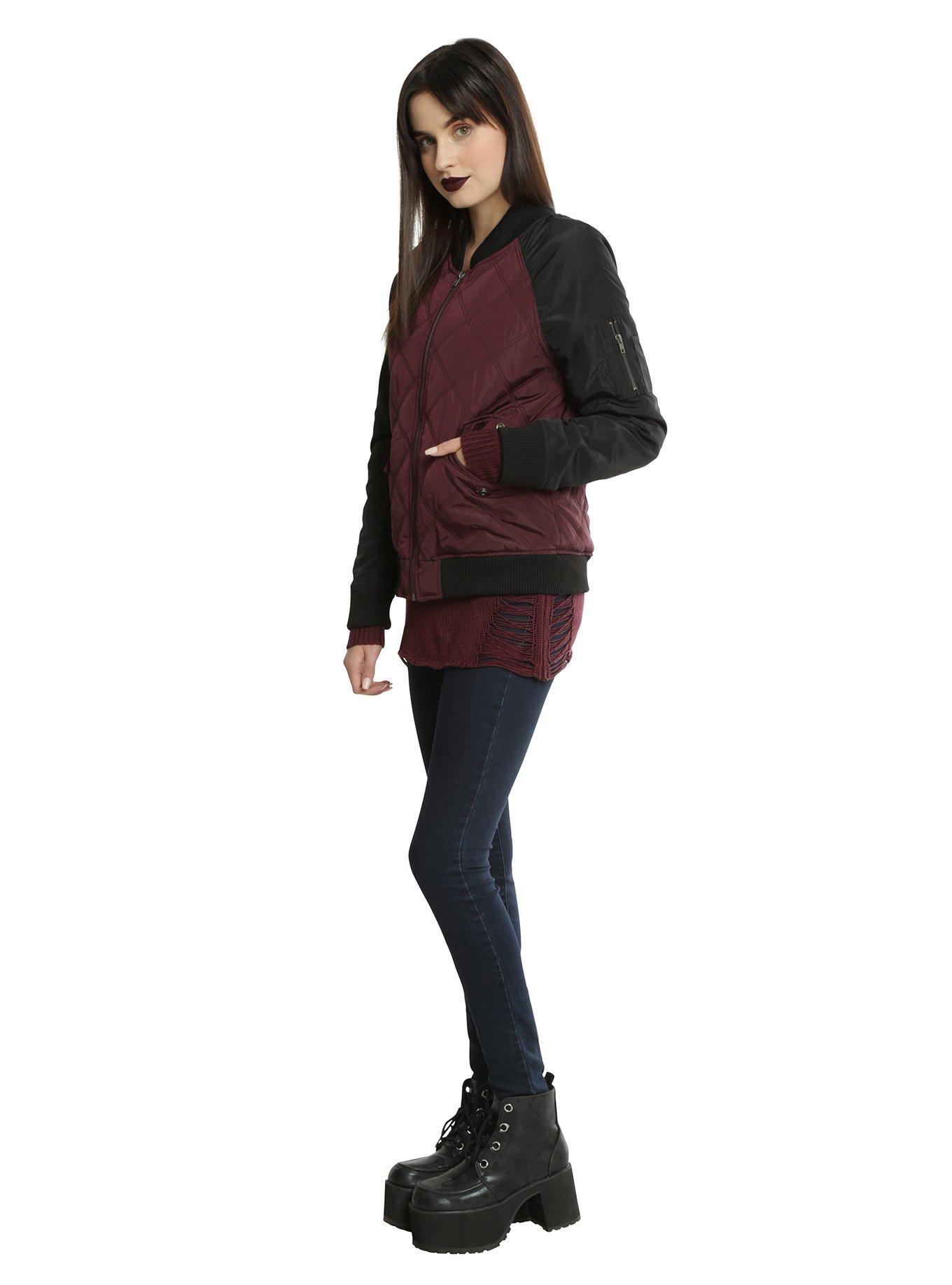 Burgundy & Black Quilted Girls Bomber Jacket, , alternate