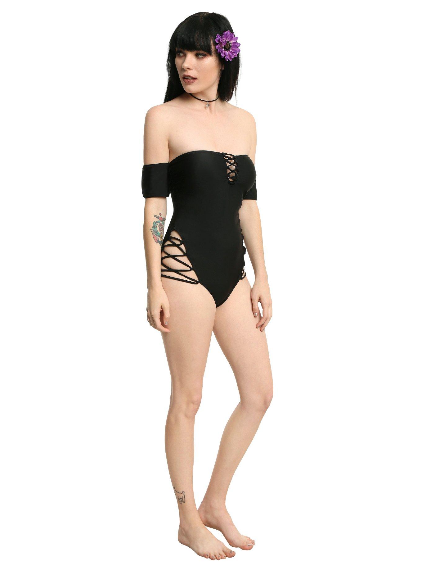 Black Lace-Up Cold Shoulder Swimsuit, , alternate