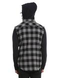 XXX RUDE Black & Grey Buffalo Plaid & Fleece Sleeves Hooded Woven Button-Up, , alternate