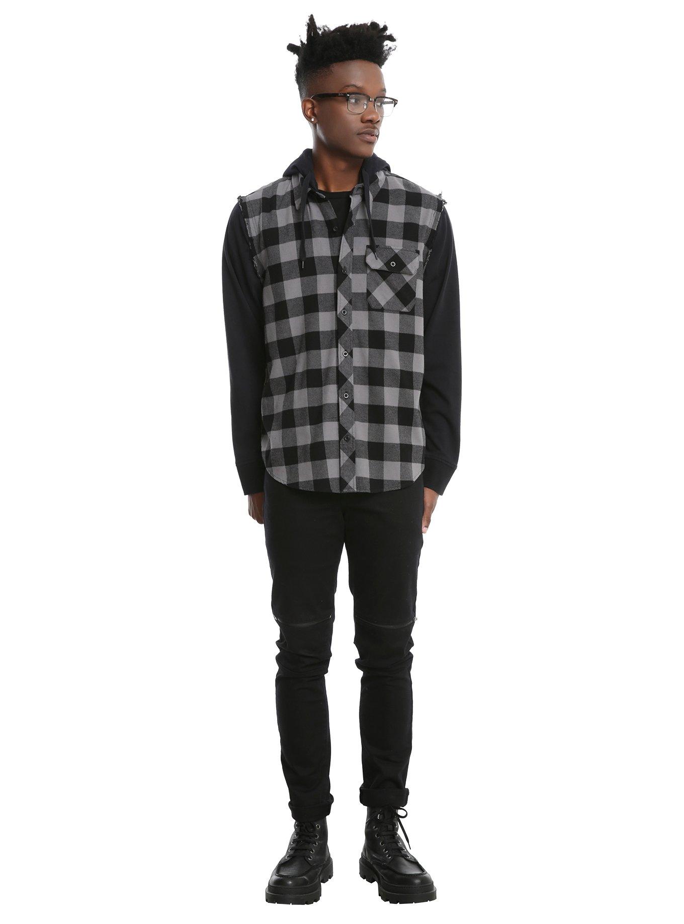 XXX RUDE Black & Grey Buffalo Plaid & Fleece Sleeves Hooded Woven Button-Up, , alternate