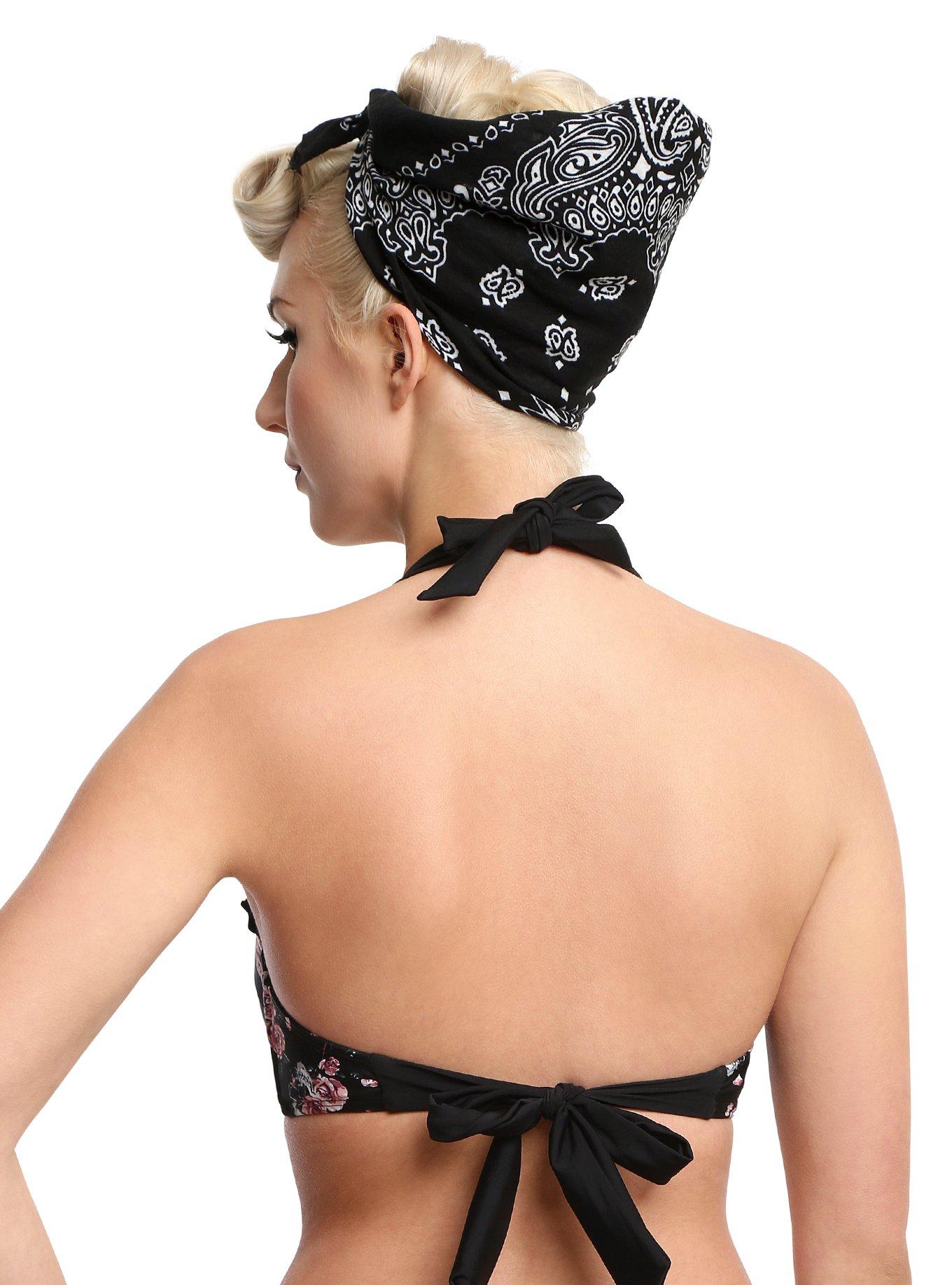 Black Floral & Skulls Swim Top, , alternate