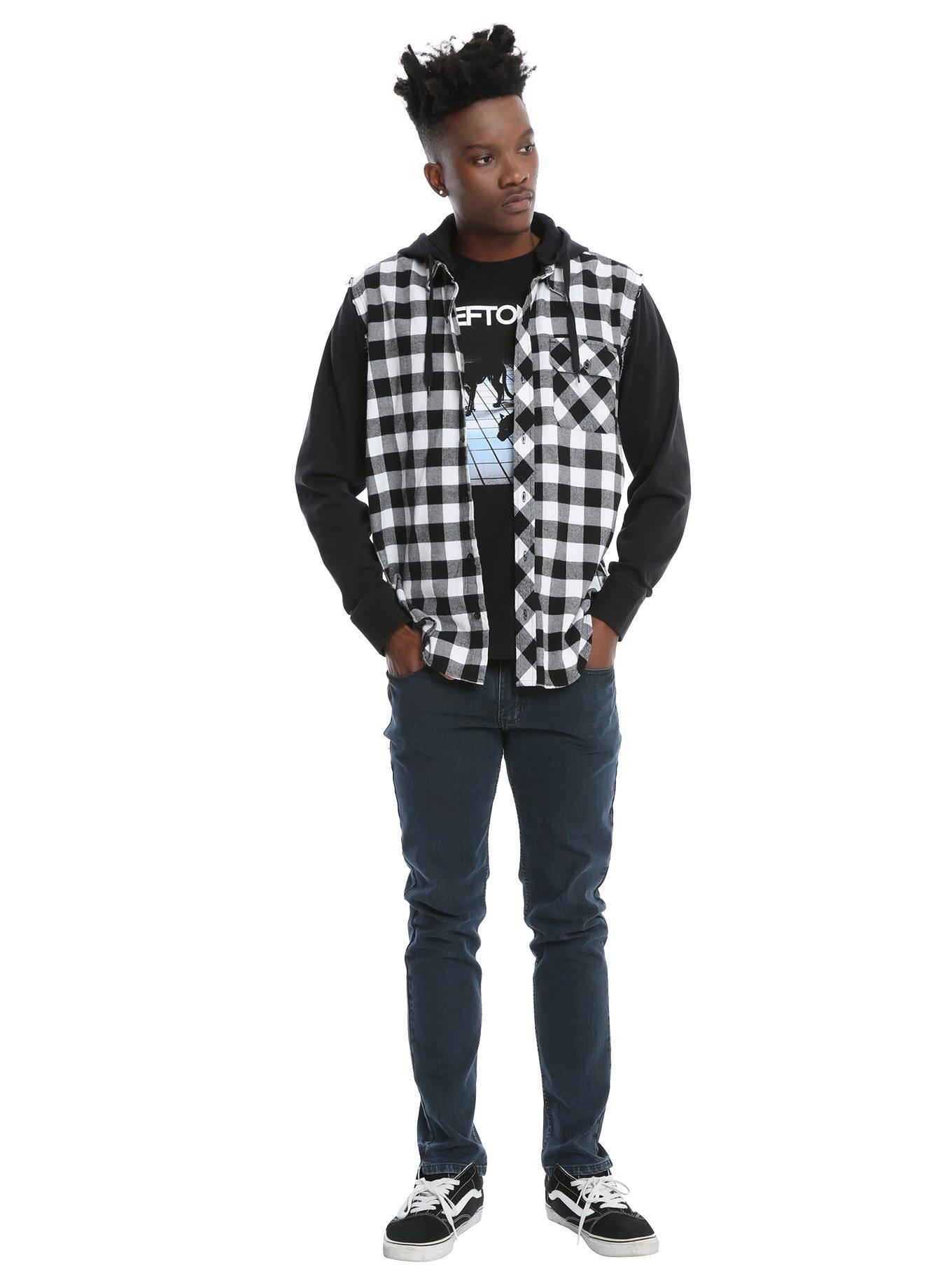 XXX RUDE Black & White Buffalo Plaid & Fleece Sleeves Hooded Woven Button-Up, , alternate
