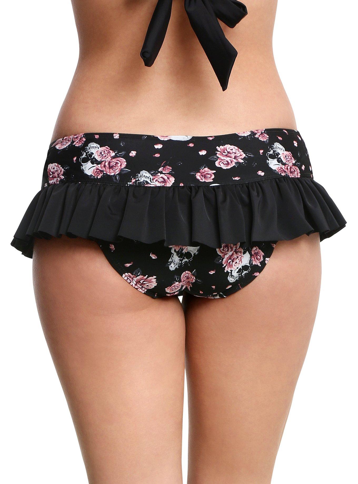 Black Floral & Skulls Ruffle Swim Bottoms, BLACK, alternate
