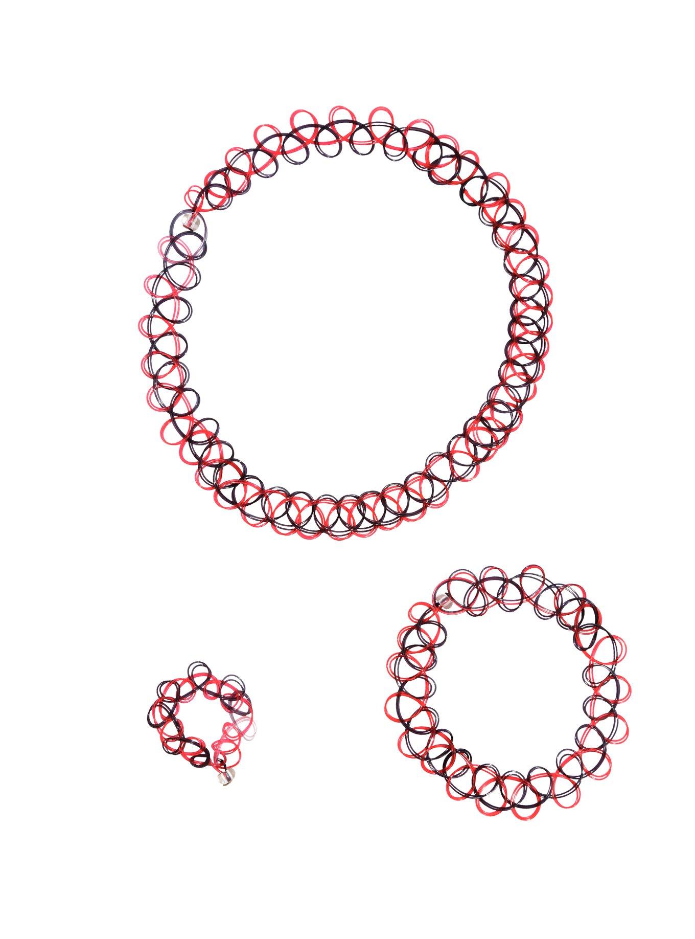Black & Red Tattoo Choker Bracelet & Ring Set, , alternate