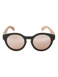 Black Plastic Round Pink Lens Wood Arm Sunglasses, , alternate