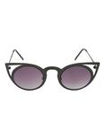 Matte Black Metal Cat Ear Cut-Out Round Sunglasses, , alternate