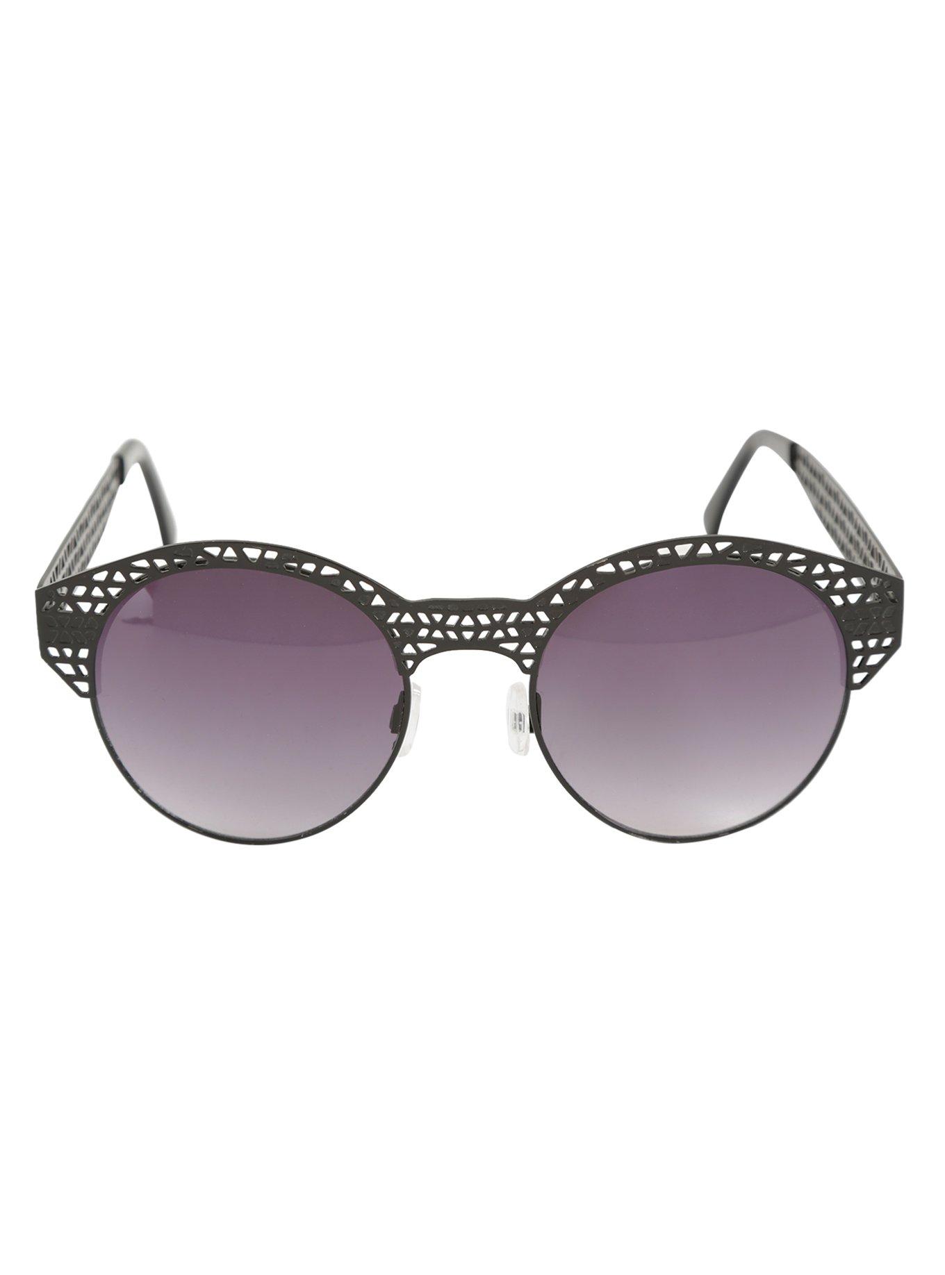 Black Cutout Metal Round Sunglasses, , alternate