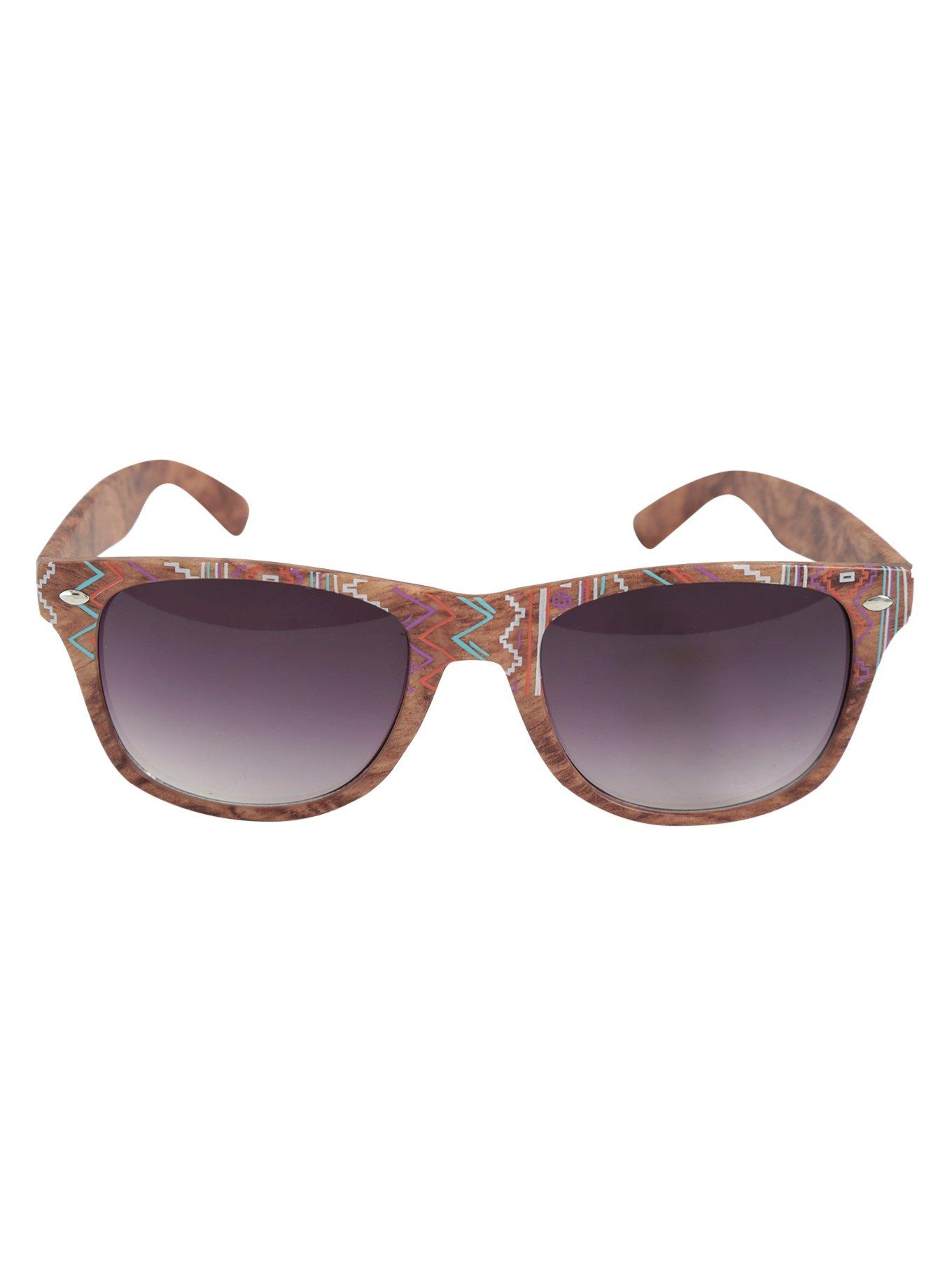 Brown Wood Geometric Retro Sunglasses, , alternate