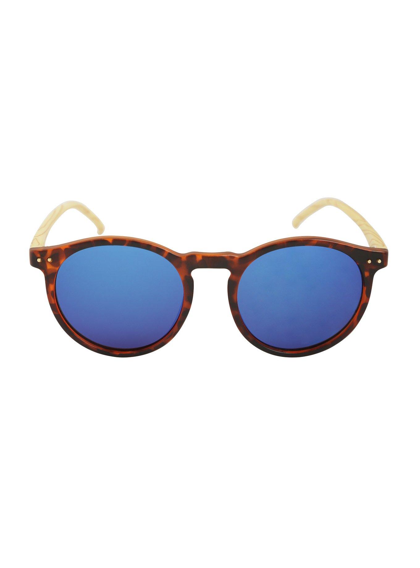 Tortoise Wood Blue Mirror Round Frame Sunglasses, , alternate
