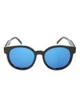 Black Plastic Blue Flat Lens Round Sunglasses, , alternate