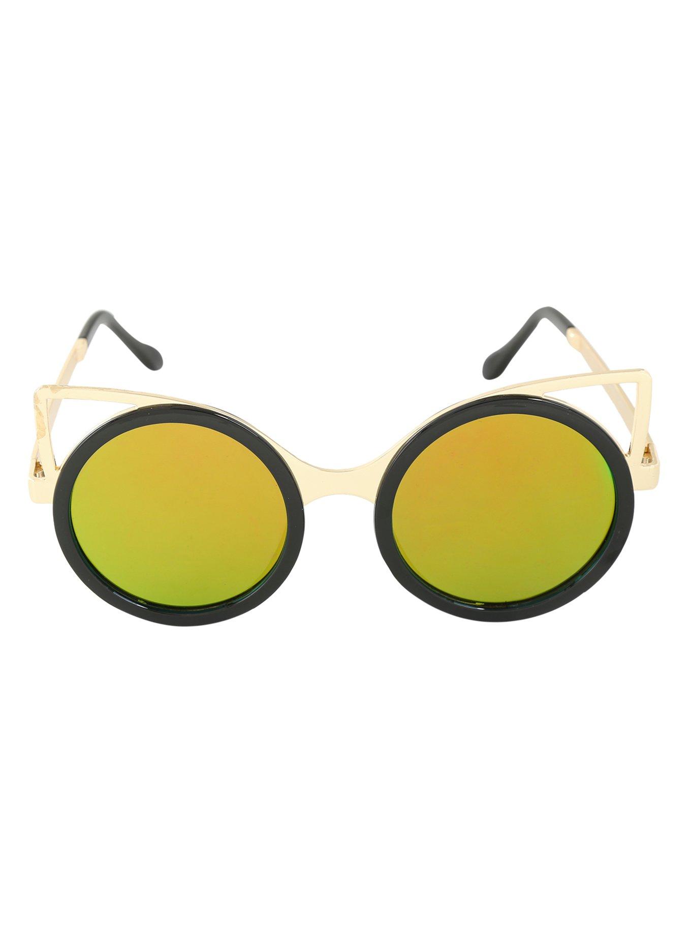 Black & Gold Cat Ear Round Sunglasses, , alternate