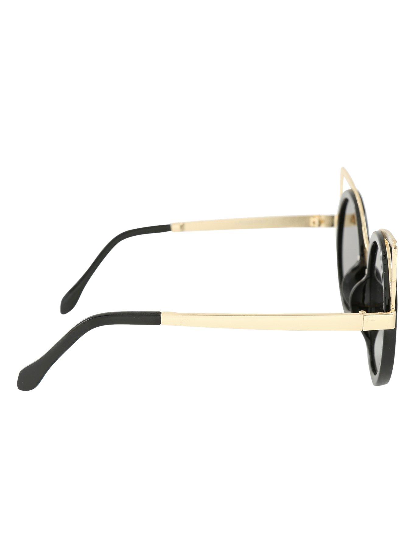 Black & Gold Cat Ear Round Sunglasses, , alternate