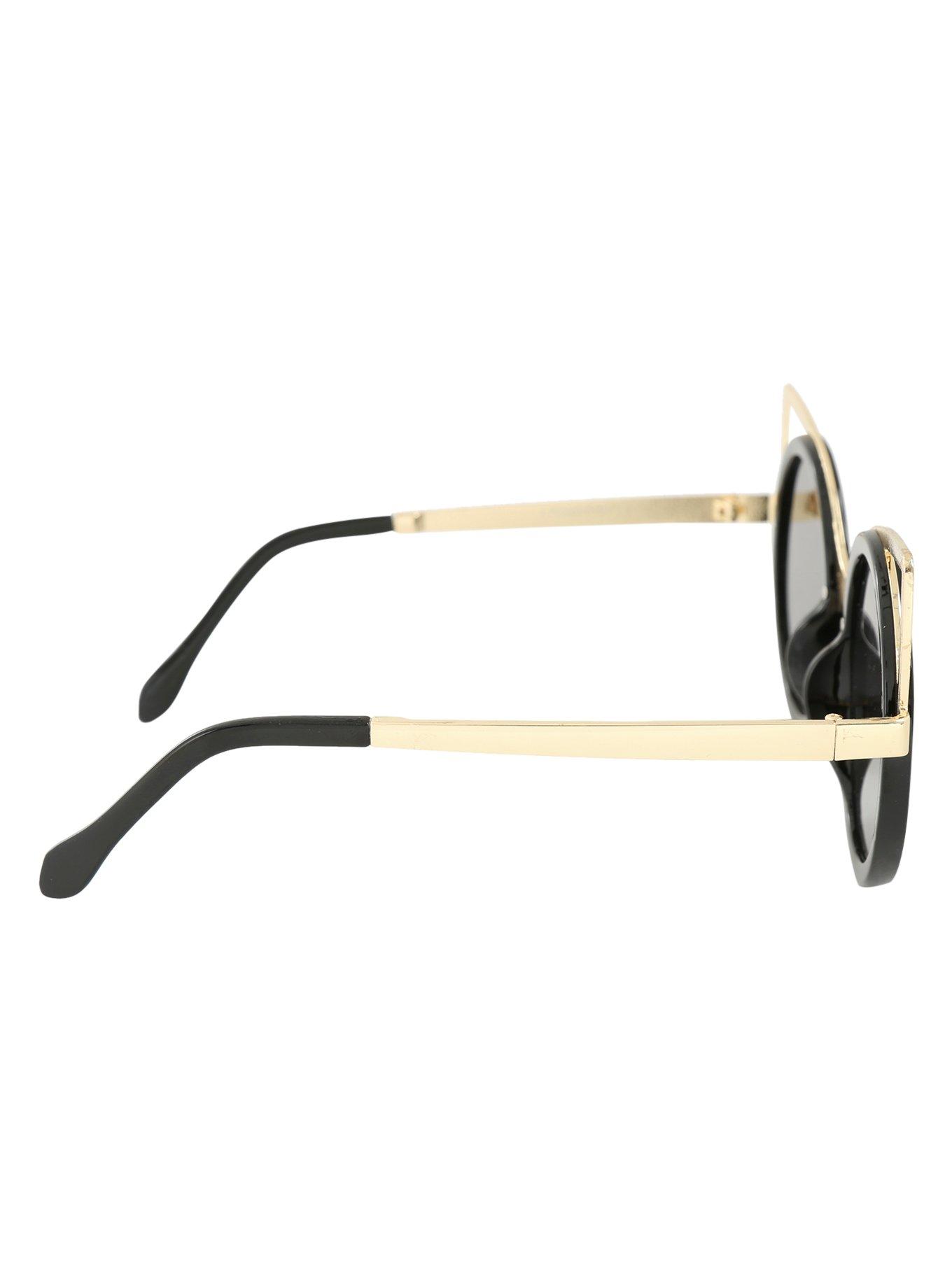 Black & Gold Cat Ear Round Sunglasses, , alternate