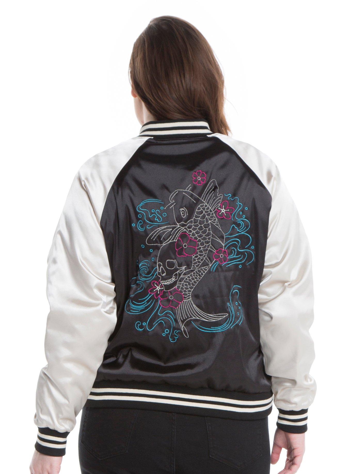 Black & Champagne Embroidered Koi Girls Satin Souvenir Jacket Plus Size, , alternate