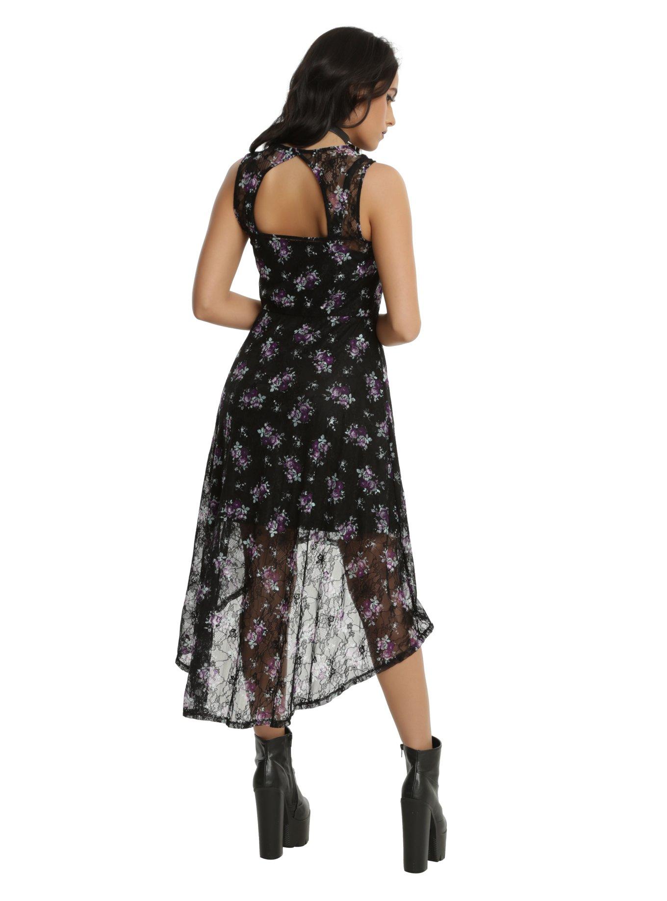 Black & Purple Floral Lace Hi-Low Dress, , alternate