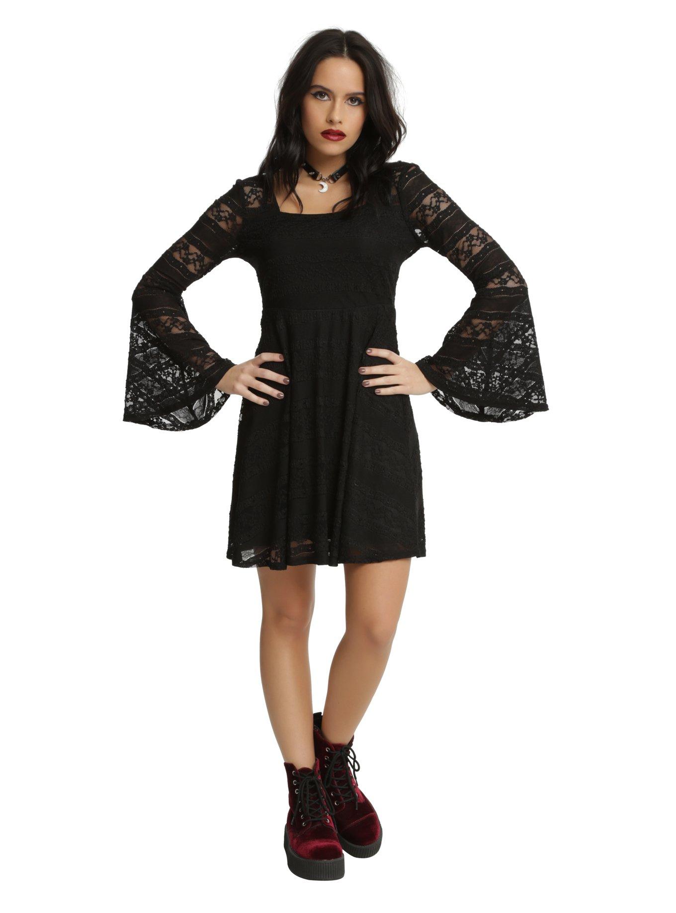 Black Lace Bell Sleeve Dress, , alternate